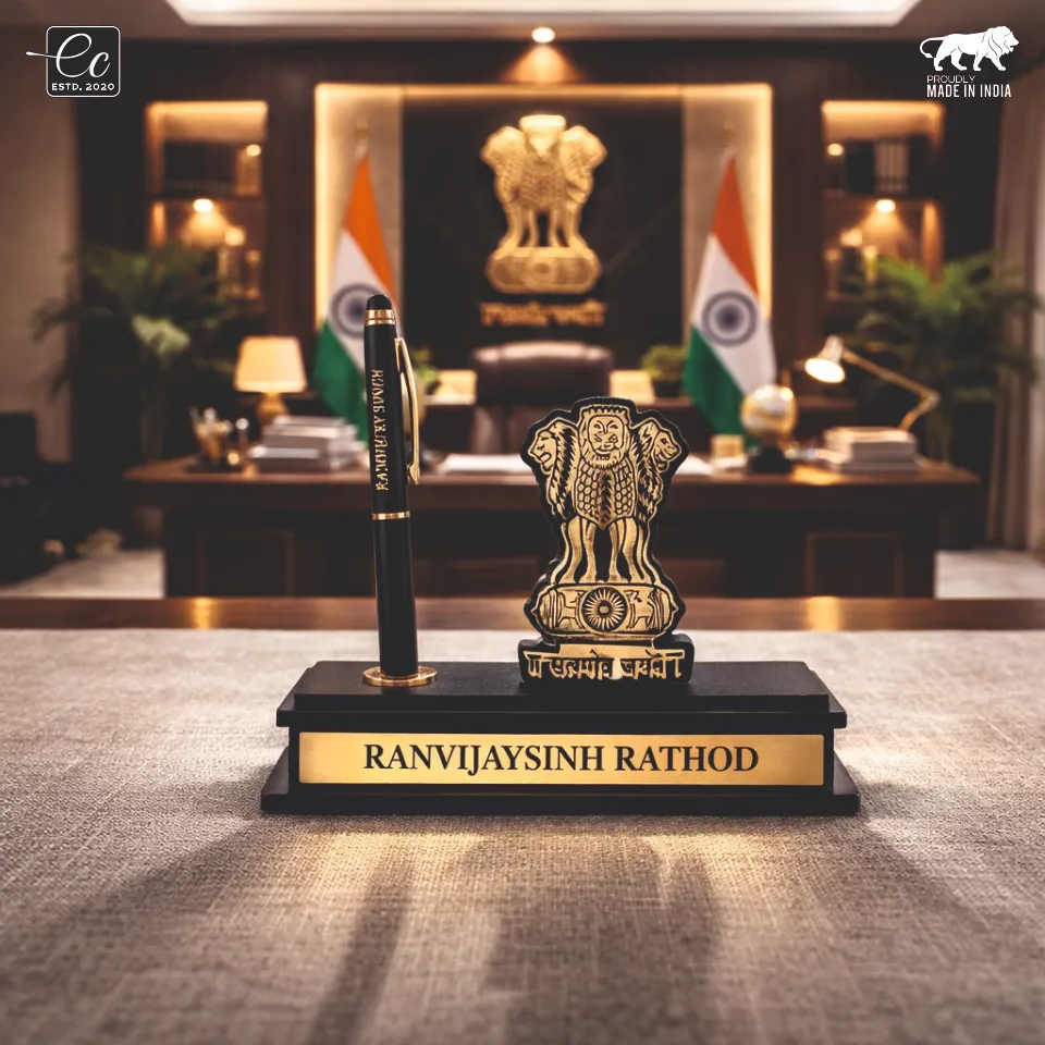 Premium Ashoka Emblem Theme Desk Organizer with Name & Pen Holder – Personalized